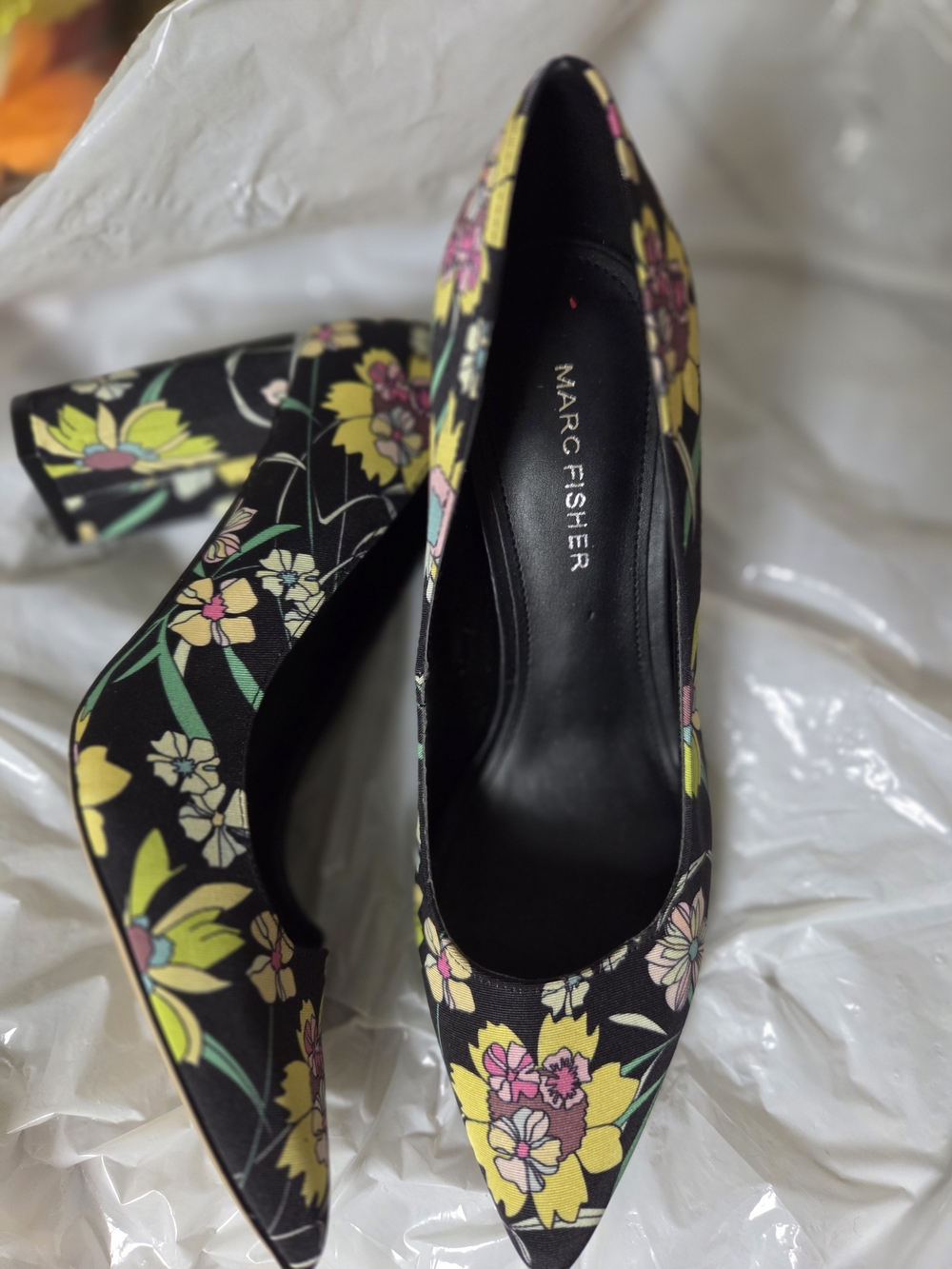 Marc Fisher Zala Floral Pointed Toe Block Heel Pumps - Black/Yellow